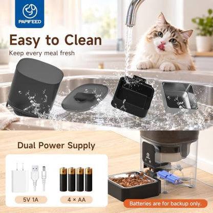 PAPIFEED Automatic Cat Feeder with App, WiFi Auto Cat Feeder, 6L Slow-Feed Cat Food Dispenser for Dry Food, Dual Power Supply Timed Pet Feeder for Small Dog, 10 Meals/Day, 12 Portions/Meal, Black