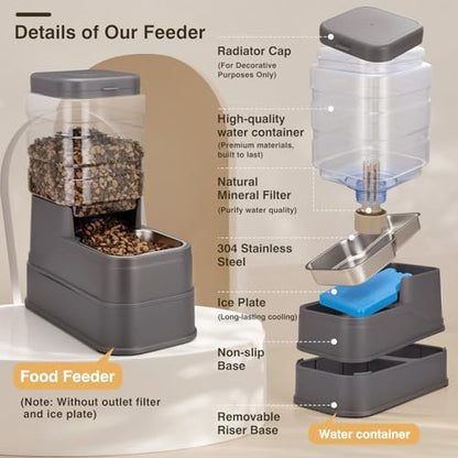 Pawzone 2 Pack Automatic Cat Feeder and Water Dispenser 1.3 Gallon Dog Gravity Food Feeder and Water with Ice Pack Stainless Steel Dry Food and Water Bowl for Small Medium Large Pets (Grey)