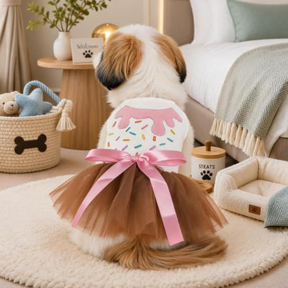 Handmade Floral Dog Dress with Bow, Princess Lace Pet Dress for Small Dogs and Cats, Lightweight Puppy Outfit M-Cake Small - Image 5
