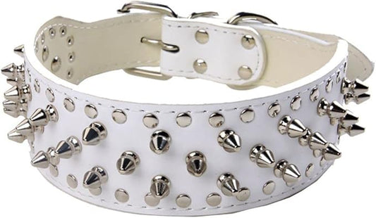 Serijoars Spiked Studded Dog Collar, PU Leather Dog Collar, Adjustable Pet Collars for Medium or Large Breed Pet (XL, White)