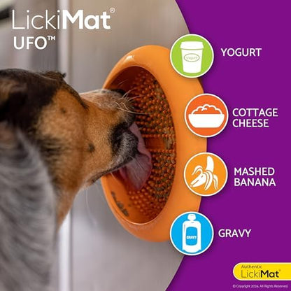 New LickiMat UFO Orange - Bathing, Shower & Grooming Distractor. Natural Rubber Large Soother Licking Nubs Treats. Unique Food and Dribble Catcher Design. Slow Feeder Dog Bowl