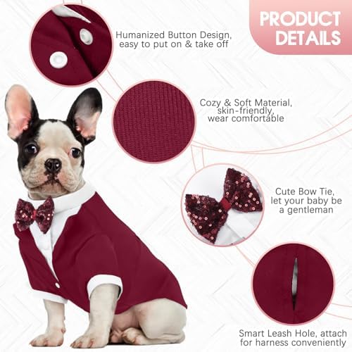 Kuoser Dog Tuxedo, Formal Dog Costume with Bow Tie Pet Wedding Suit Party Birthday Outfit, Dogs Tux Soft Shirt for Valentines Christmas Halloween Graduation Cosplay, Burgundy 2XL - Image 3