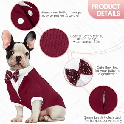 Kuoser Dog Tuxedo, Formal Dog Costume with Bow Tie Pet Wedding Suit Party Birthday Outfit, Dogs Tux Soft Shirt for Valentines Christmas Halloween Graduation Cosplay, Burgundy 2XL - Image 3
