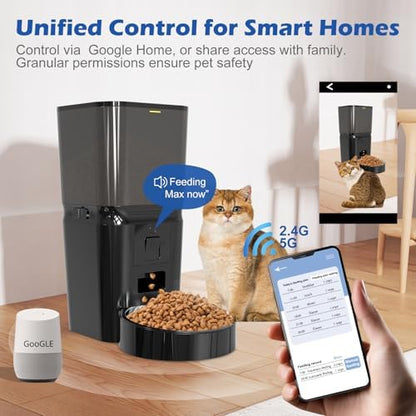 Automatic Cat & Dog Feeder with Camera, 6L Smart WiFi Pet Food Dispenser for Small Pets - Timed Feeding App, Battery Backup, Voice Recorder, Night Vision & Portion Control