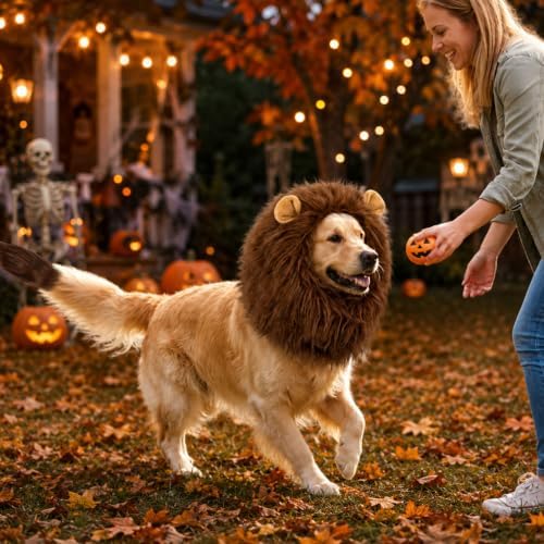 Lion Mane for Dog, Dog Halloween Costumes Set with Brown Wig and Tail - Image 6
