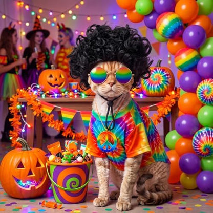 Kinlop 4 Pcs Hippie Dog Costume Halloween Pet Costume Accessories Includes 60s 70s Colorful Tie Dye T-Shirt Funky Wig Peace Sign Necklace and Sunglasses for Party Dress Up(S) - Image 4