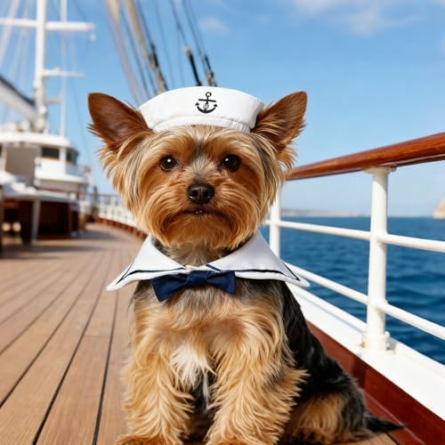 Cat Sailor Costume, Small Dog Sailor Hat with Sailor Collar Bow Tie, Cute Pet Halloween Cosplay Outfit for Cats Puppies Rabbits - Image 5
