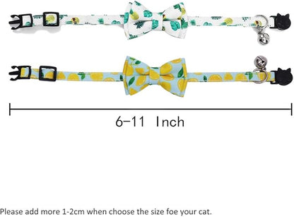 2-Pack Breakaway Cat Collars with Removable Double-Layer Bow Tie and Bell for Boy and Girl Cats,Safety Kitten Collars Suitable for Festivals and Daily. (Lemon&Pineapple)