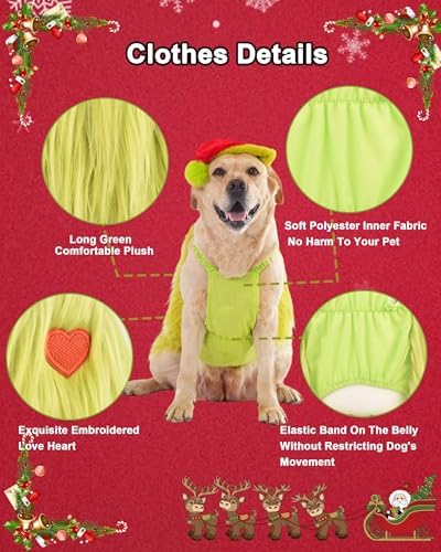 Small Large Dog Green Monster Costume with Christmas Hat,5XL - Image 5