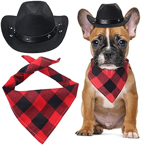 Yewong Pet Cowboy Costume Accessories - Dog Cat Pet Size Cowboy Hat and Bandana Scarf West Accessories for Puppy Kitten Party Festival and Daily Wearing Set of (Black Hat+Red Bib) by Yewong