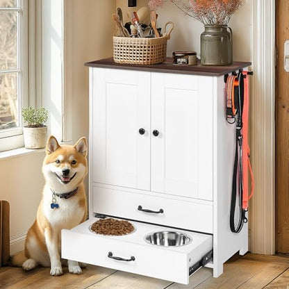 Dog Feeding Station,Double Door Locker with 2 Adjustable Bowls,Pet Food Storage Pet Feeder Cabinet Container with Dog Raised Bowls and Hanger for Feeding & Watering Supplies (White)