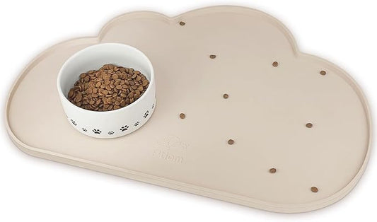 Ptlom Silicone Pet Feeding Mat for Dogs and Cats, High-Lips Pet Placemat Non-Slip Waterproof Bowl Mats Prevent Food and Water Overflow, Puppy Dish Tray Mat Suitable for Small Medium Large Pets, Beige