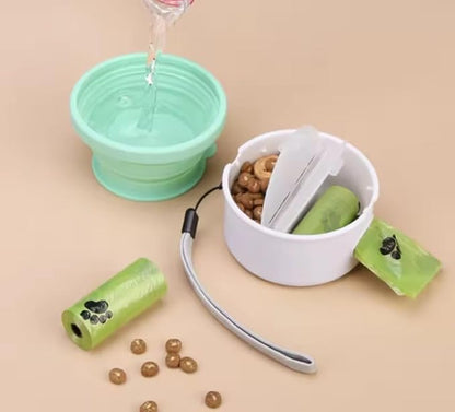 3 in 1 Collapsible Dog Bowl, Treat Container, Poop Bag Holder with 1 Roll Poop Bags – Practical Silicone Dog Bowl – Durable Pet Bowls for Travel Essentials, Daily Walks (Green)