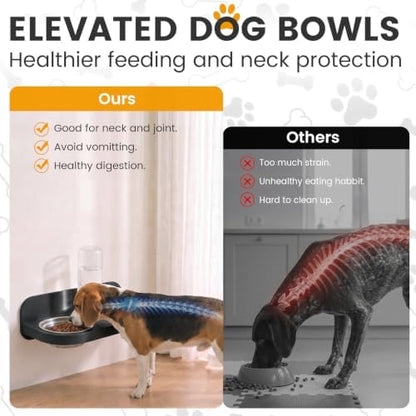 Dog Cat Bowls Wall Mounted Stainless Steel 2 in 1 Feeding Bowl, Automatic Refill Water Dispenser Anti Spill Design for Small Kittens Pet Puppies, Black