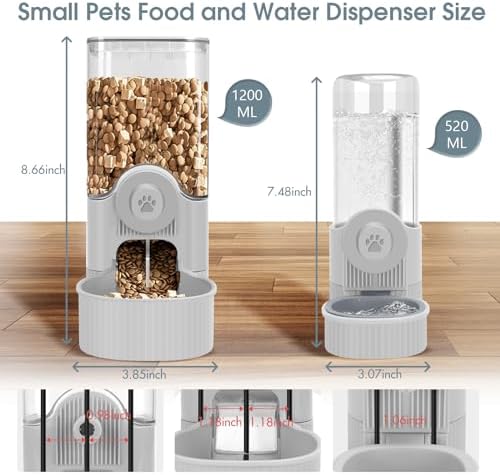 Hanging Cage Auto Small Pet Feeder Waterer Set for Puppy Cats, Grey