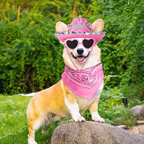 Yewong Pet Pink Cowboy Hat Costume Accessory Set Dog Cat Size Pink Cowgirl Princess Hat with Crown Tiara Bandana/Scarf Sunglasses for Cat Puppy Western Costume Daily Wearing Photo Props - Image 7