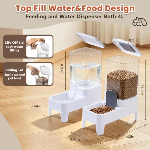 Automatic Cat Feeder and Water Dispenser Set, Top Fill Water&Food Gravity Feeder with Bowl,Easy to Hand-Washable,Elevated Base Design,Suitable for Small&Medium Cat and Dog(4L,White)