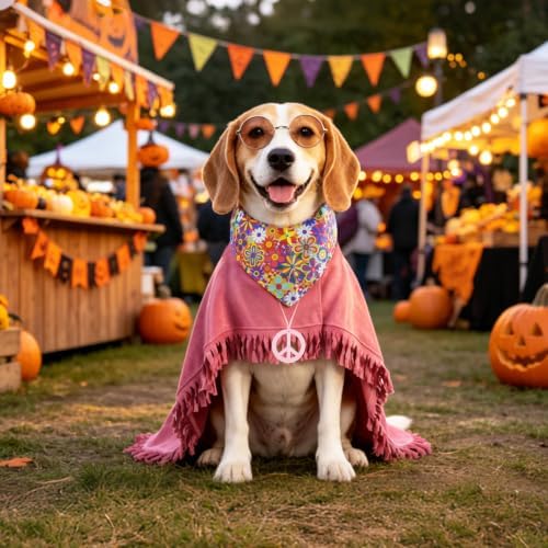 SCENEREAL 4 Pcs Hippie Dog Halloween Costume, Poncho Sunglasses Bandana - Image 7