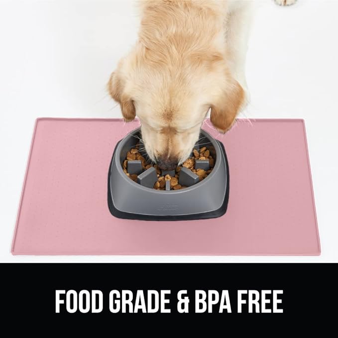 GORILLA GRIP 100% Waterproof Raised Edge BPA Free Silicone Pet Feeding Mat, Dog Cat Food Mats Contain Spills Protects Floors, Placemats for Cats and Dogs Water Bowl, Pets Accessories 18.5x11.5 Pink