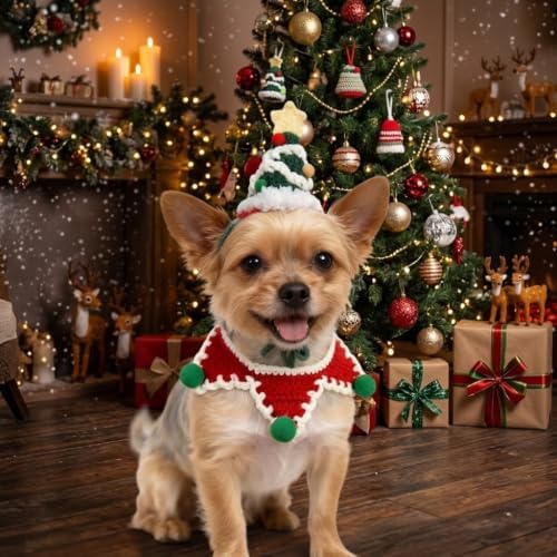 Christmas Dog Costume,Handmade Dog Outfit with Christmas Tree Cat Hat,Knitted Cat Costume,Adjustable Fit Pet Apparel for Cats and Small Sized Dogs,Gifts for Dogs and Cats - Image 4