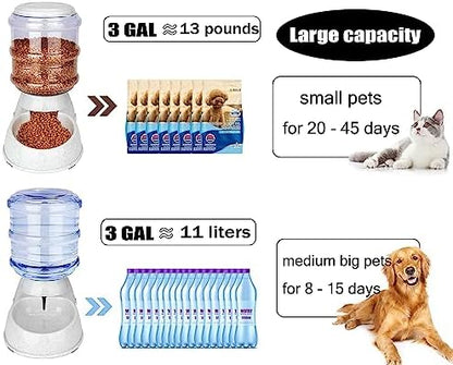 Old Tjikko Automatic Feeder and Water Dispenser in Set,Gravity Food Feeder and Waterer with Pet Food Mat,Large, 3 Gallonx 2, Gray (Water and Food Dispenser Set)