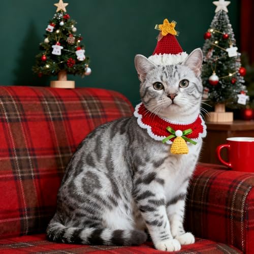 4 Pcs Christmas Knitted Dog Cat Adjustable Collars Hats Pet Costume Crochet Santa Hats Outfit Winter Puppy Kitten Beanie Holiday Party Dress Up Props Handmade Soft Wool Photo Shoot Props Xmas Gifts - Image 5