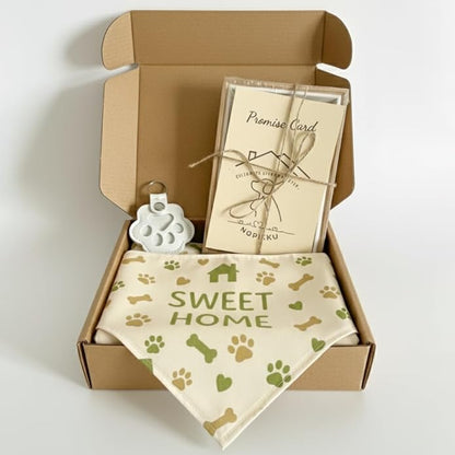 Sweet Home Pet Welcome Gift Box for New Dog Owners, Keepsake Set with Bandana, Paw Print Name Tag, Promise Card & Photo Frame, Thoughtful Gift for Puppy Adoption