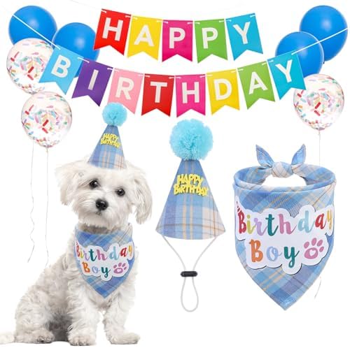 SCENEREAL Dog Birthday Bandana Hat Set, Puppy Birthday Party Supplies for Boys Dogs, Pet Birthday Scarf Outfit with Sign Banner and Balloons for Small Medium Large Dogs by SCENEREAL