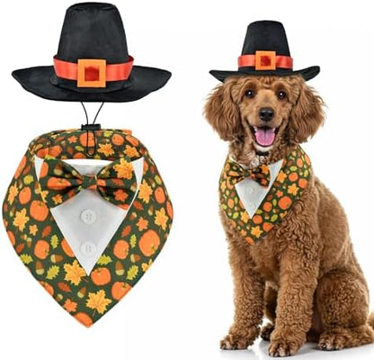 Thanksgiving Day Dog Adjustable Tuxedo with Black Pilgrim Hat Thanksgiving Day Puppy Costume Set Fall Thanksgiving Themed Outfits for Cats Puppy Dog M by PetToysSupplies