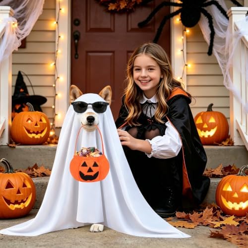 PETKNOWS Halloween Dog Ghost Costume Set with Sunglasses Pumpkin Bag(L) - Image 5