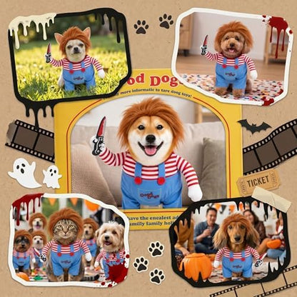 Deadly Doll Dog Costume for Small Medium Large Dogs, Funny Pets Cosplay Halloween Dog Clothes for Party, Walking Illusion Puppy Outfit with Wig and Knife - Image 6