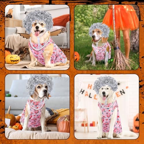 4Pcs Halloween Old Lady Costume Dog Grandma Outfit, Pink Ditsy Floral, 3 XL - Image 5