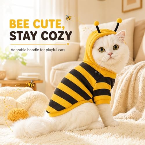 Cute Cat Bee Costume - Pet Halloween Apparel Bumble Bee Cosplay Clothes Antennae, Soft Warm Fleece Hoodie for Cats, Kittens, and Small Dogs, Perfect for Festival Party and Photo Shoot S/M - Image 5