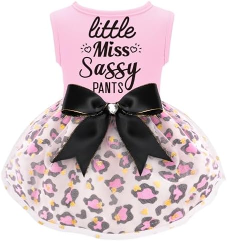 Little Miss Sassy Pants Dog Dress with Leopard Print Bowknot Dog Clothes for Small Medium Large Dogs Girls Boys Cats Outfit Apparel by BAOBICUTE