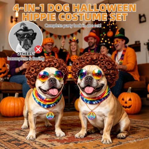 Dog Halloween Costumes,4Pcs Hippie Pet Outfit Wig Rainbow Sunglass Peace Necklace Tie-dye Bandana, Adjustable Funny Cat Cosplay Decoration for Christmas Party Festival Small Medium Large Dogs Girl Boy - Image 6