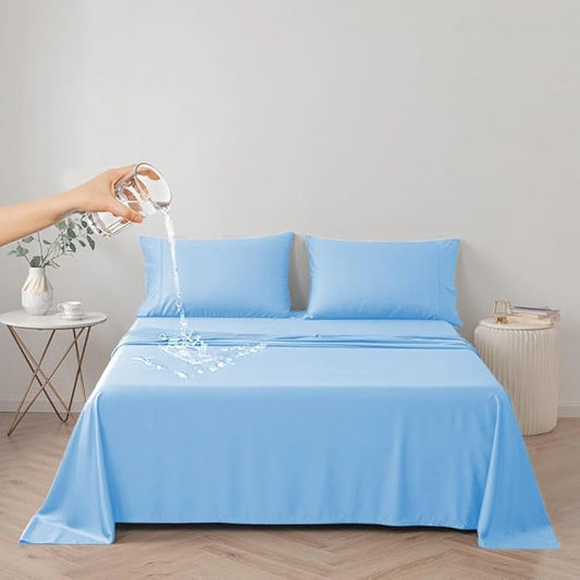 DUJUIKE Waterproof Bed Cover for Dog and Cats,Pet Hair Resistant Bed Sheet Cover, Protective Bed Liner Cover with 100% Waterproof Breathable Thin Fabric (Sky Blue, Super King 90 * 118 inch)