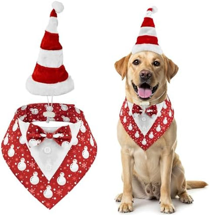 Christmas Snowman Pattern Dog Adjustable Tuxedo with Red White Stripe Santa Hat Xmas Puppy Costume Set Christmas Themed Outfits for Cats Puppy Dog L by PetToysSupplies