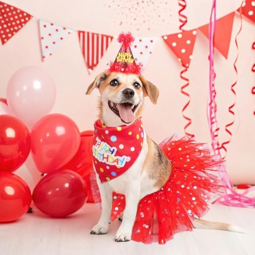 SCENEREAL Dog Birthday Bandana with Hat and Dress Girl Set, Puppy Birthday Party Supplies, Cute Tutu Skirt Red Outfit for Small Medium Large Dogs - Image 4