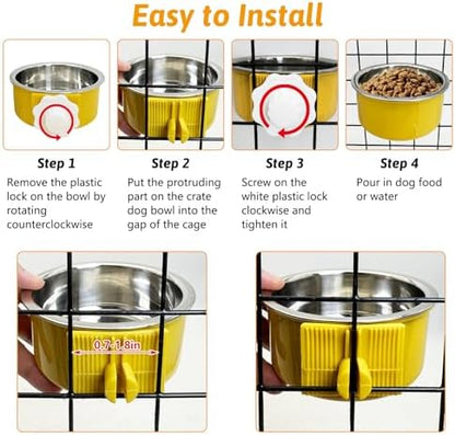 Hamiledyi Crate Dog Bowl Cat - Removable Stainless Steel Hanging No Spill Pet Bowl for Kennels Durable Detachable Design Fits Small Medium Dog Cages (2 Pcs, Yellow