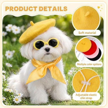Dog Beret Scarf Glasses Pet French Beanie for Small Dogs(Yellow, Small) - Image 3