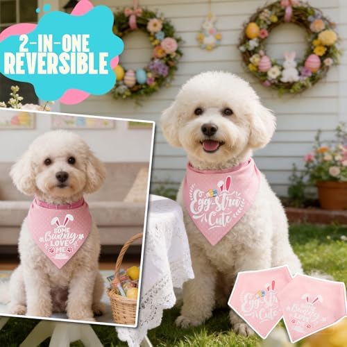 Easter 2-in-1 Dog Bandana with Egg-Stra Cute & Some Bunny Love Me Lovely Saying, Pink Pet Holiday Costumes Scarf with Snap Button, Large to Giant Breeds (75lbs+) - Image 4