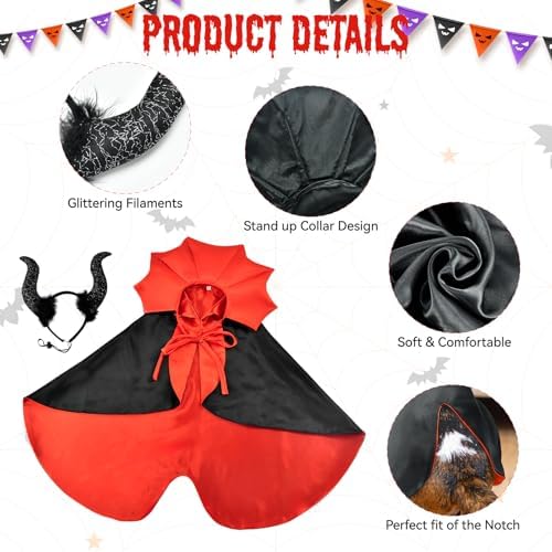2 Pcs Dog Halloween Costume Set Cat Witch Vampire Cape Devil Horns Hat Holiday Clothes for Cat Puppy Halloween Party Pet Outfits (Red) XL - Image 3
