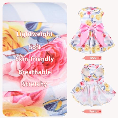 PUPTECK Floral Dog Dress with Bow Soft Cute Dog Clothes for Spring Stripe - Image 3