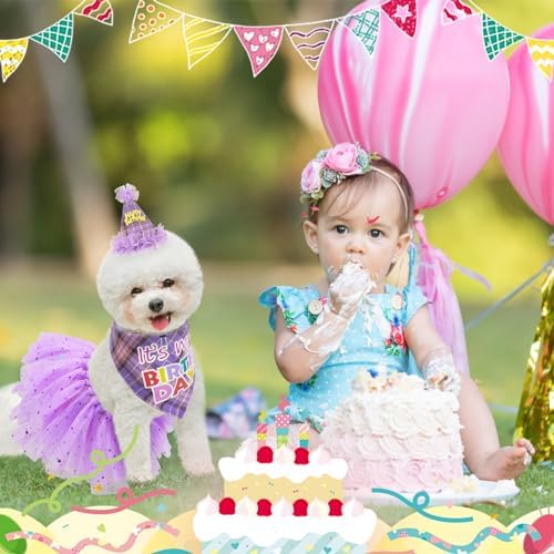 SCENEREAL Dog Birthday Bandana Hat with Dress Girl Set Party Supplies Plaid Puppy Birthday Outfit Cute Dog Tutus for Small Medium Lage Dogs, Purple Plaid - Image 6