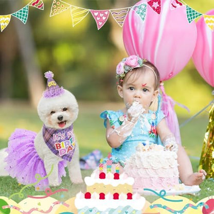 SCENEREAL Dog Birthday Bandana Hat with Dress Girl Set Party Supplies Plaid Puppy Birthday Outfit Cute Dog Tutus for Small Medium Lage Dogs, Purple Plaid - Image 6