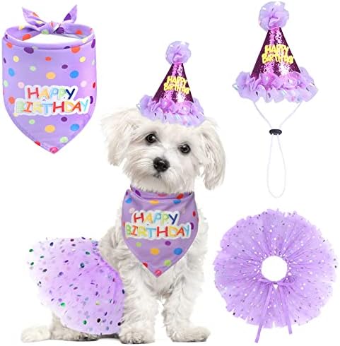 SCENEREAL Dog Birthday Bandana with Hat and Dress Girl Set, Puppy Birthday Party Supplies, Cute Tutu Skirt Outfit for Small Medium Large Dogs by SCENEREAL