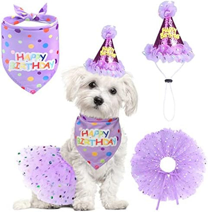 SCENEREAL Dog Birthday Bandana with Hat and Dress Girl Set, Puppy Birthday Party Supplies, Cute Tutu Skirt Outfit for Small Medium Large Dogs by SCENEREAL