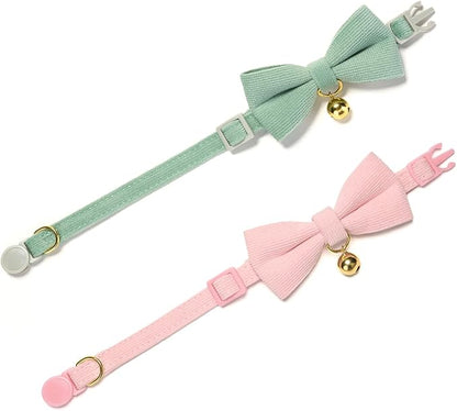 2 Pack Soft Corduroy Cat Collars with Bow Tie & Bell, Adjustable Breakaway Cotton Kitty Bowtie Collar for Female Male Cats(Grass Green & Pink)