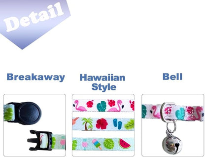 3 Pack Hawaiian Breakaway Cat Collar with Removable Cute Bow Tie and Bell Adjustable Safety Buckle Fruit Flamingos Hawaiian Styles