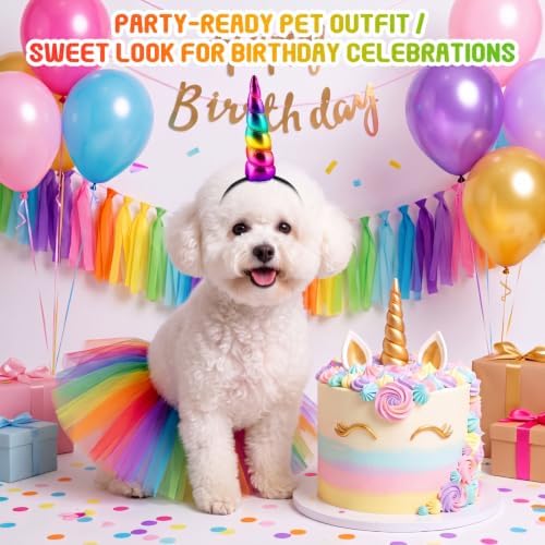 2 Pcs Unicorn Dog Costume, Rainbow Tutu and Unicorn Horn Headband - Image 2